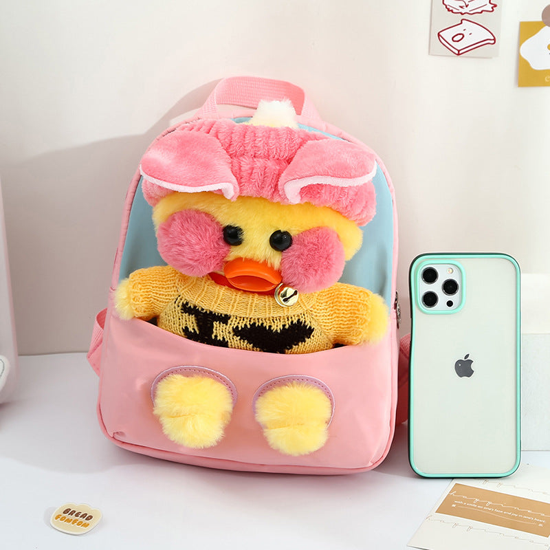 ISPBAG Cute Duck Toddler Backpack for Girls Little Doll Stuffed Animal kids Plush Backpack