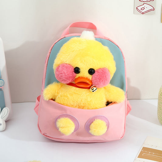 ISPBAG Cute Duck Toddler Backpack for Girls Little Doll Stuffed Animal kids Plush Backpack