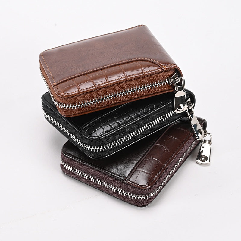 Leather Coin Case Small Wallet Mini Zipper Coin Purse Id Pocket Stone Pattern Card Case