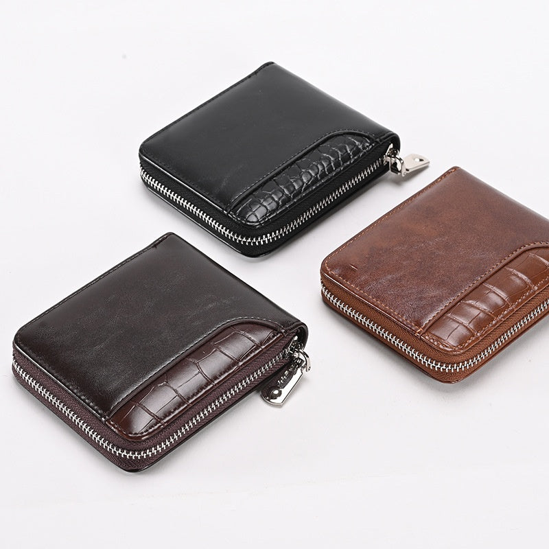 Leather Coin Case Small Wallet Mini Zipper Coin Purse Id Pocket Stone Pattern Card Case