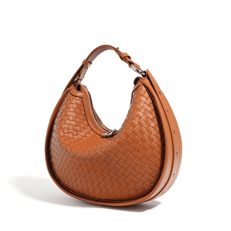 ISPBAG Half Moon Woven Purses for Women, Soft Leather, Trendy Fall HandBags, Shoulder Crescent Bag with Adjustable Strap