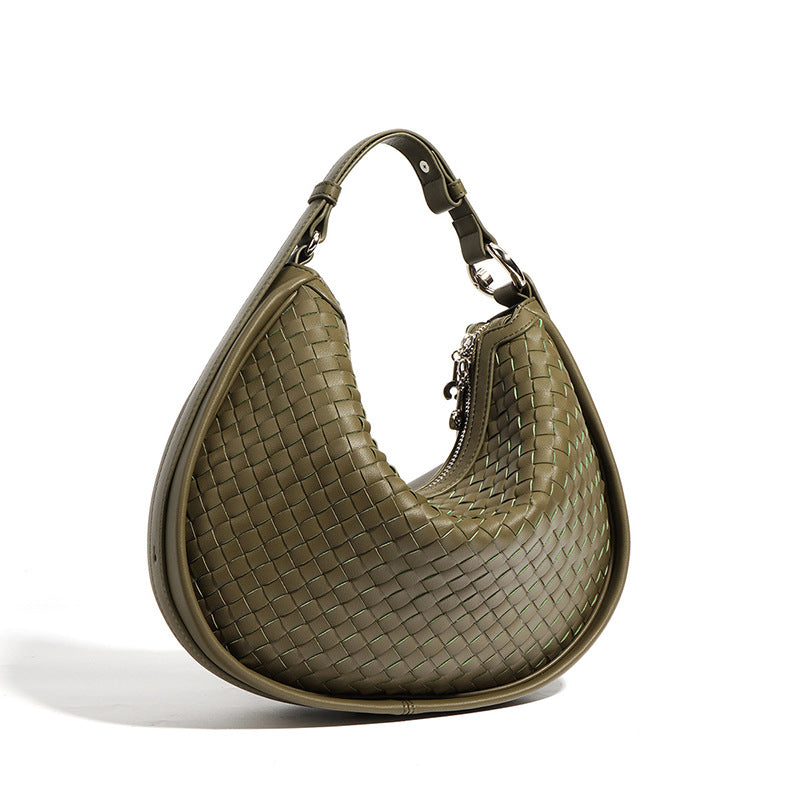 ISPBAG Half Moon Woven Purses for Women, Soft Leather, Trendy Fall HandBags, Shoulder Crescent Bag with Adjustable Strap