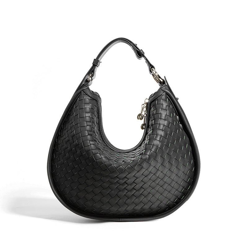 ISPBAG Half Moon Woven Purses for Women, Soft Leather, Trendy Fall HandBags, Shoulder Crescent Bag with Adjustable Strap