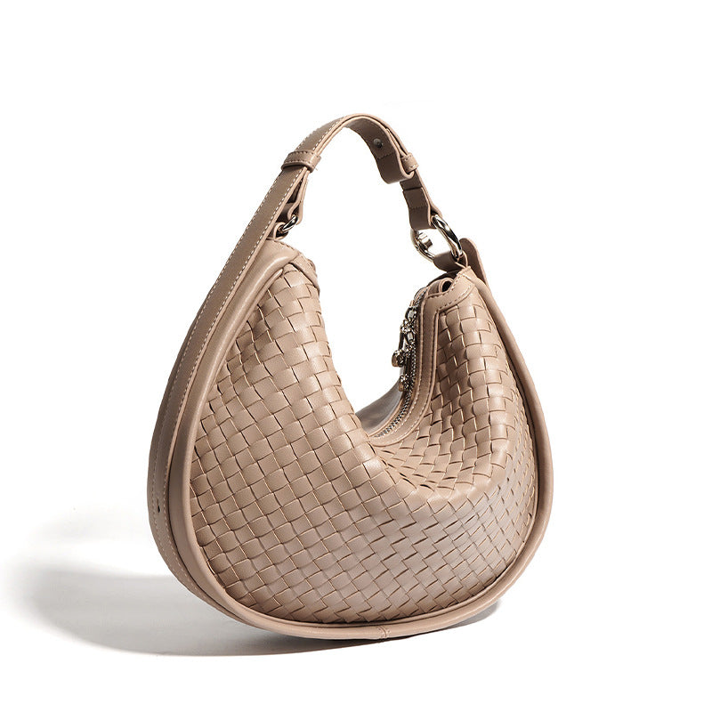 ISPBAG Half Moon Woven Purses for Women, Soft Leather, Trendy Fall HandBags, Shoulder Crescent Bag with Adjustable Strap