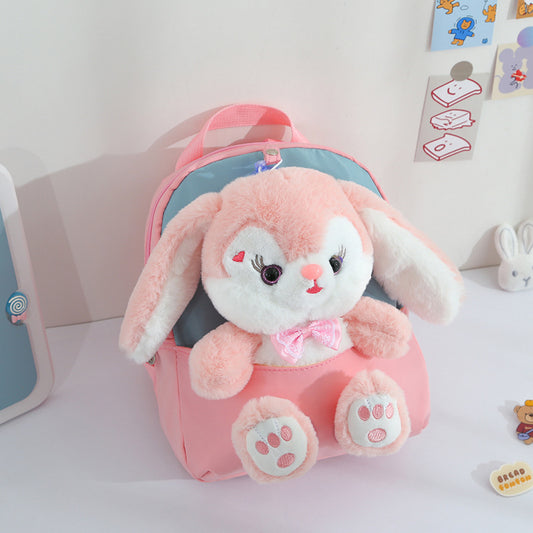 ISPBAG Cute Rabbit Toddler Backpack for Girls Little Doll Stuffed Animal kids Plush Backpack