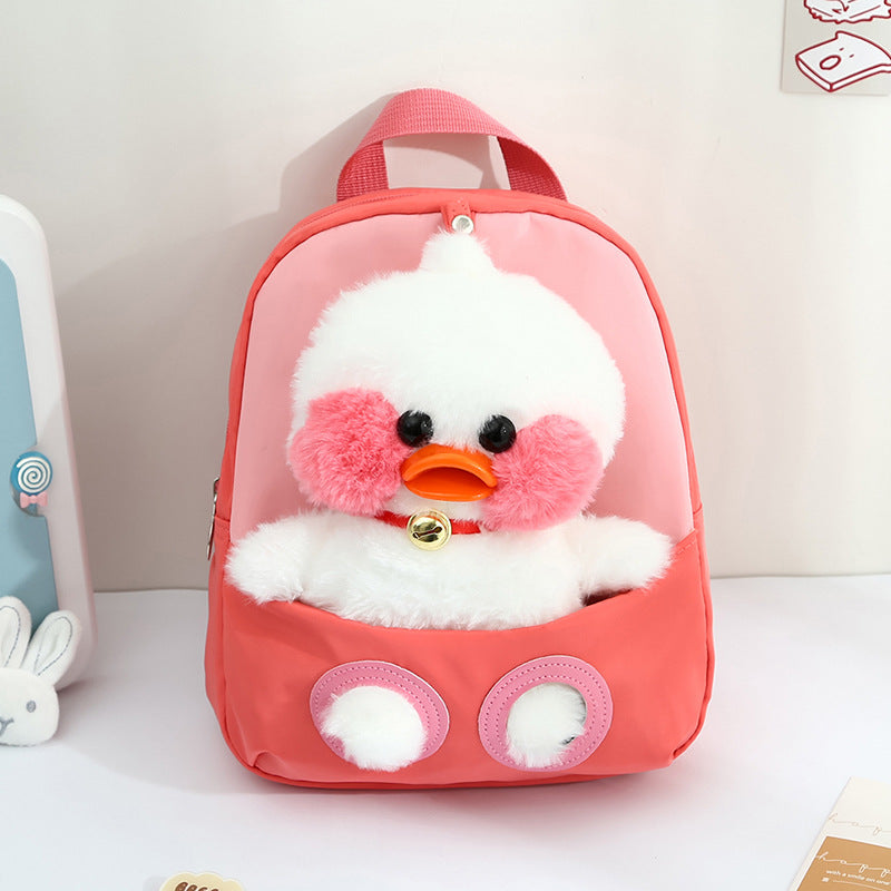 ISPBAG Cute Duck Toddler Backpack for Girls Little Doll Stuffed Animal kids Plush Backpack