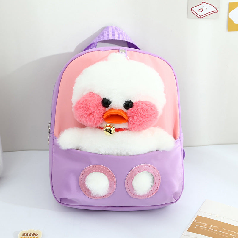 ISPBAG Cute Duck Toddler Backpack for Girls Little Doll Stuffed Animal kids Plush Backpack