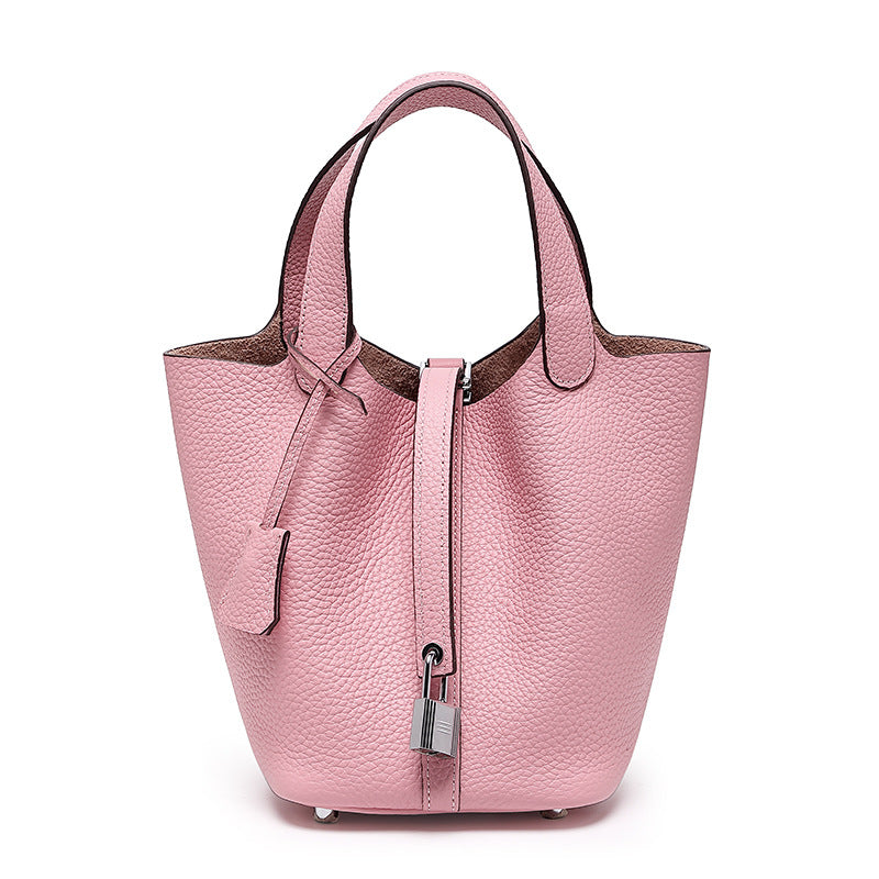 ISPBAG Handbag Leather Lychee Pattern Top Vegetable Basket with Lock Bucket Bag Solid Color Tote Bag for Women