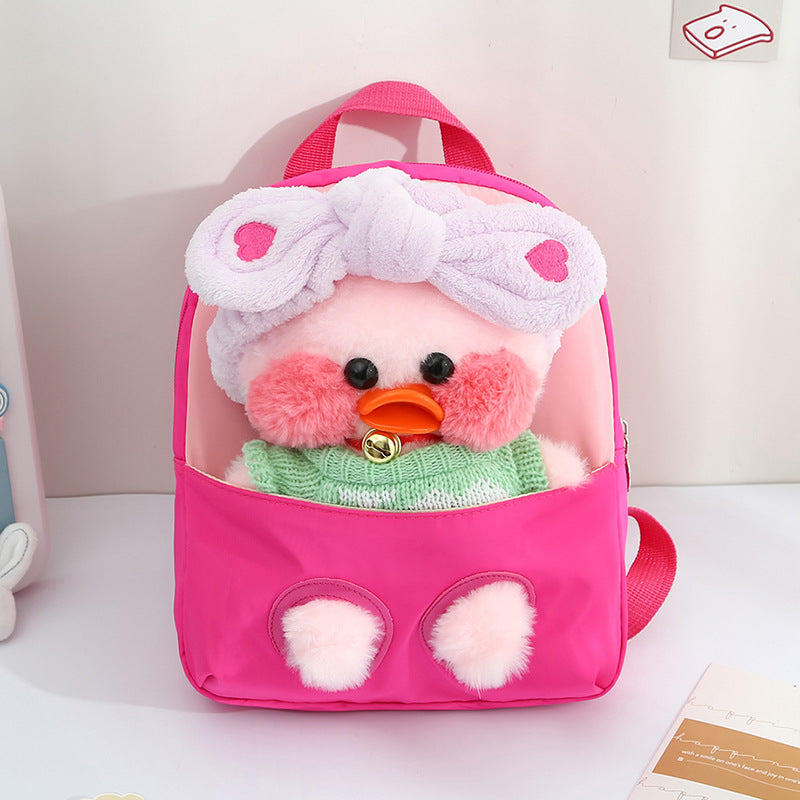 ISPBAG Cute Duck Toddler Backpack for Girls Little Doll Stuffed Animal kids Plush Backpack