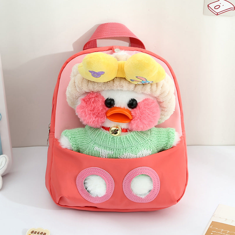 ISPBAG Cute Duck Toddler Backpack for Girls Little Doll Stuffed Animal kids Plush Backpack