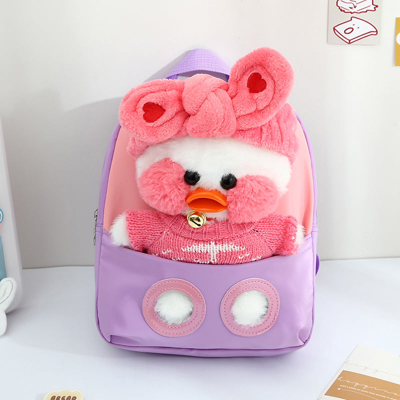 ISPBAG Cute Duck Toddler Backpack for Girls Little Doll Stuffed Animal kids Plush Backpack