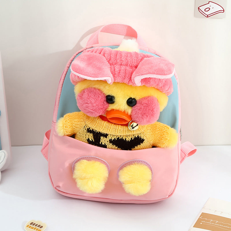 ISPBAG Cute Duck Toddler Backpack for Girls Little Doll Stuffed Animal kids Plush Backpack